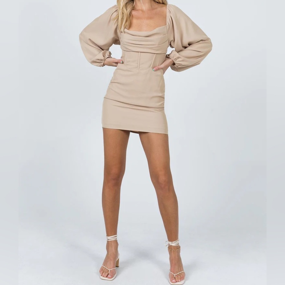 NWT Princess Polly Lillie Long Sleeve Mini Dress Beige - Picture 5 of 7